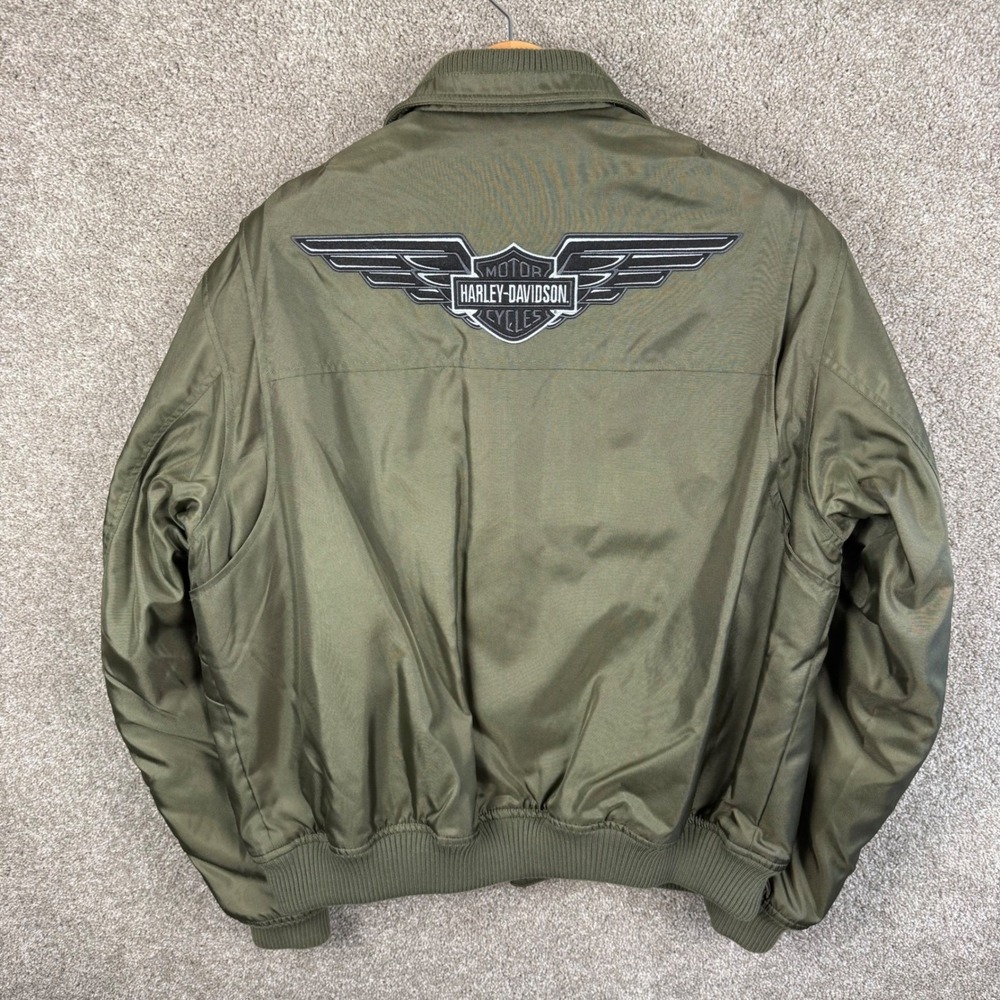 Harley-Davidson Mens XL Olive Green Nylon Bomber Jacket Embroidered Wing Logo - Picture 3 of 8